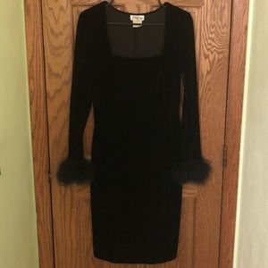 Square Neck Velvet Dress w/ Feather Trim
